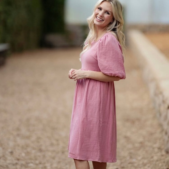 Mikarose Pink Dress w. Puffed sleeves NWOT - Picture 2 of 13